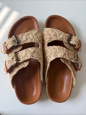 Isabel Marant Natural Raffia Double-Buckle Slide Sandals